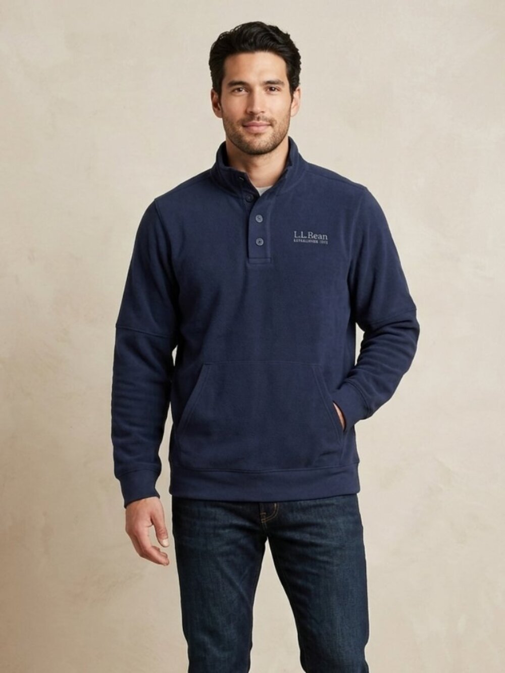 L.L. Bean Men's Size XL Tall Navy Blue Mock Neck Button Pullover Sweater